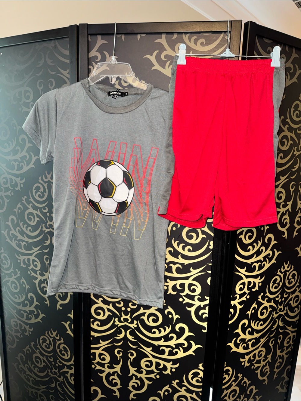 Fashion Nova Kids Gray Soccer Tee with Bright Red Shorts Set